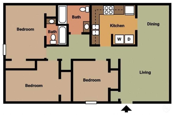 Floor Plan  Mountain View Apartment Homes, Tuscaloosa, AL, Three Bedroom Two Bath floor plan