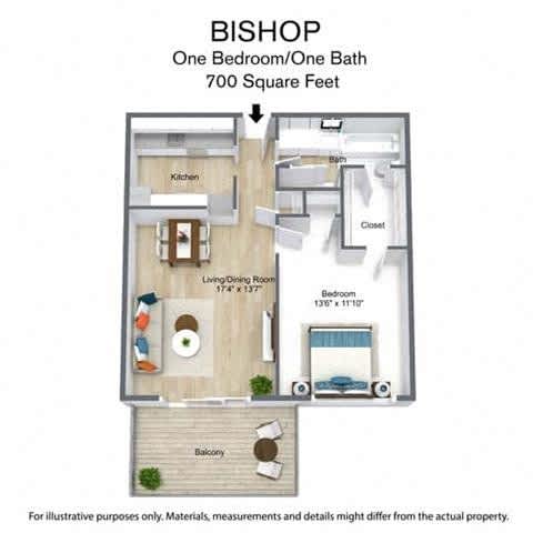 Floor Plan  A floor plan of a one bedroom/one bath apartment in Bishop is shown.