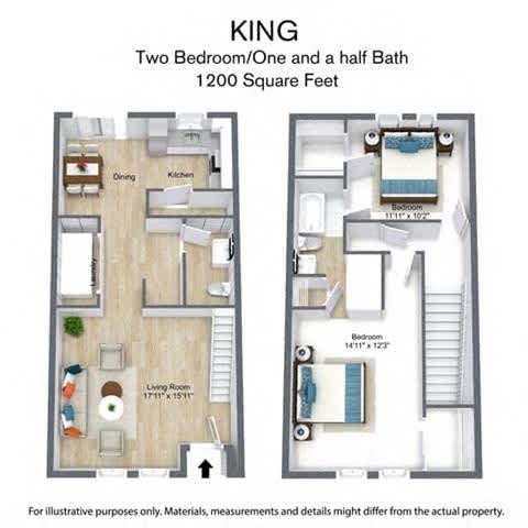 Floor Plan  A floor plan of a 1200 square foot home with two bedrooms and one and a half baths.