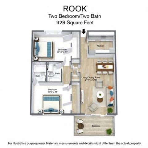 Floor Plan  A floor plan of a two bedroom/two bathroom apartment that is 928 square feet.