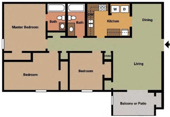 Floor Plan  High Country Apartments Three Bedroom One Bath Tuscaloosa, AL