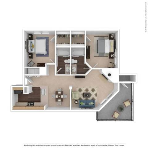 Floor Plan  A floor plan of a house with a kitchen, living room, and two bedrooms.