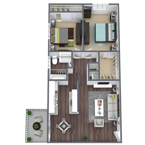 Floor Plan  3D floor plan layout, 2 bedroom, 1 bathroom