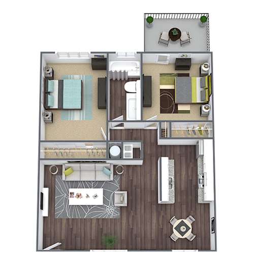 Floor Plan  3D floor plan layout, 2 bedroom, 1 bathroom