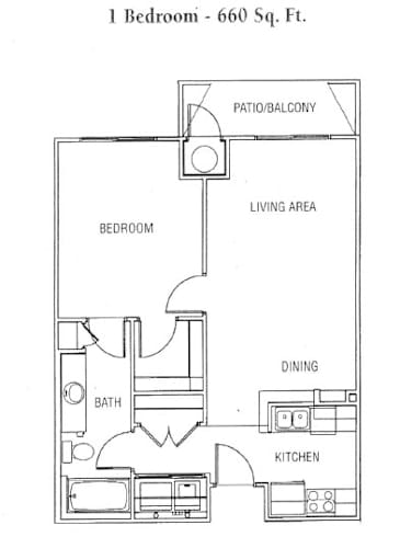 Floor Plan  A floor plan of a 1 Bedroom - 660 Sq. Ft. apartment.