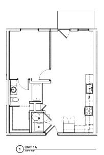 Floor Plan  A floor plan of a small apartment with one bedroom and a living area.
