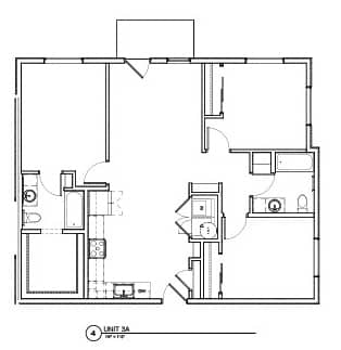 Floor Plan  A floor plan of a unit with a living room, kitchen, and two bedrooms.