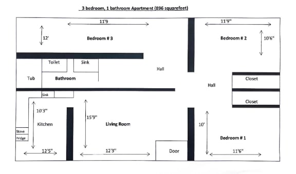 Floor Plan  Three Bedroom One Bath