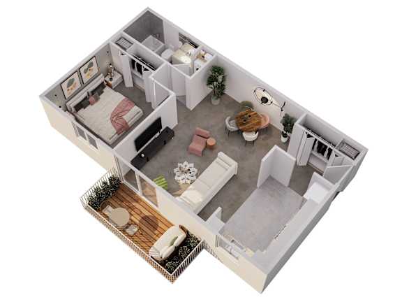 Floor Plan  A 3D floor plan of a small apartment with a bedroom, living room, kitchen, and bathroom.