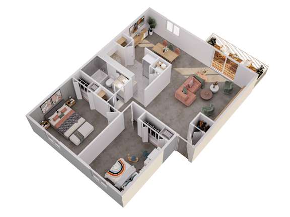 Floor Plan  A 3D floor plan of a house with a kitchen, living room, and two bedrooms.