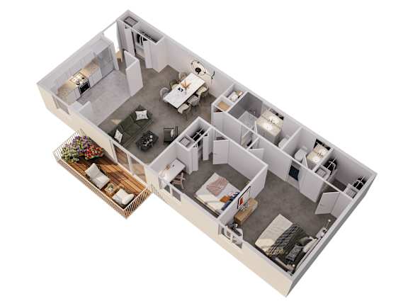 Floor Plan  A 3D floor plan of a house with a kitchen, living room, and dining area.