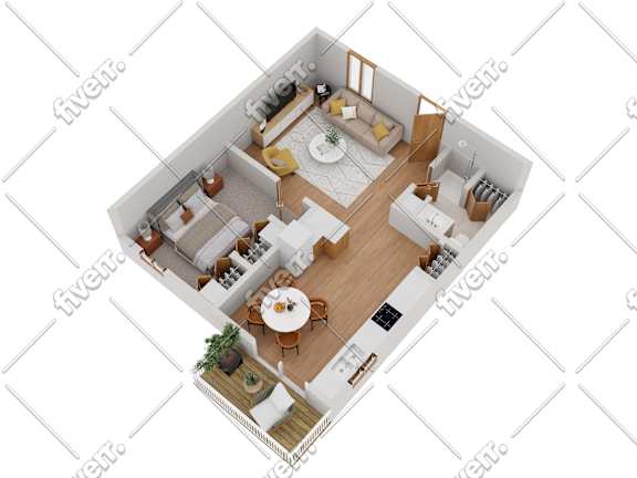 Floor Plan  A top-down view of a modern, well-furnished apartment.