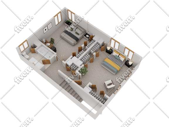 Floor Plan  A 3D rendered image of a modern apartment layout.