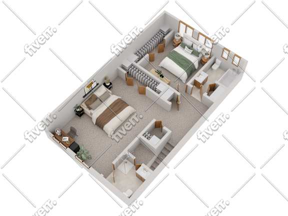 Floor Plan  A 3D rendered image of a small apartment layout.
