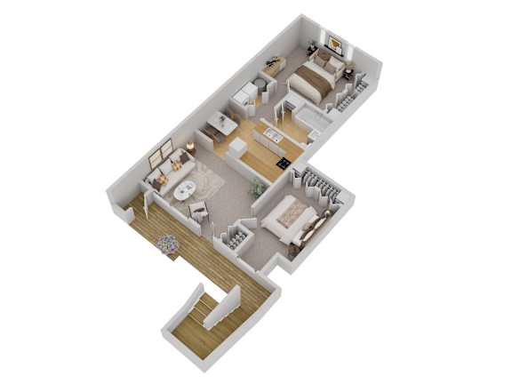 Floor Plan  A 3D image of a house layout with a living room, dining room, kitchen, and bedrooms.