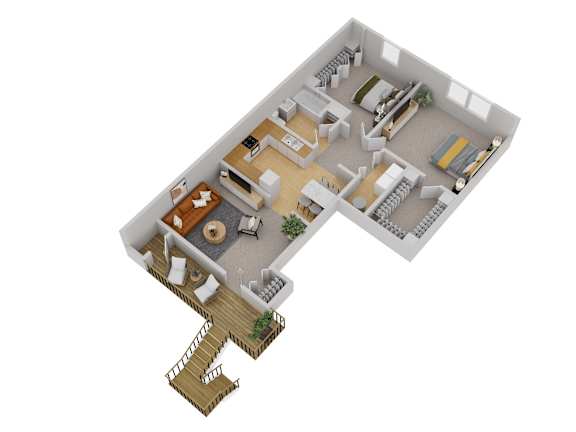 Floor Plan  A 3D floor plan of a house with a staircase leading to the upper floor.