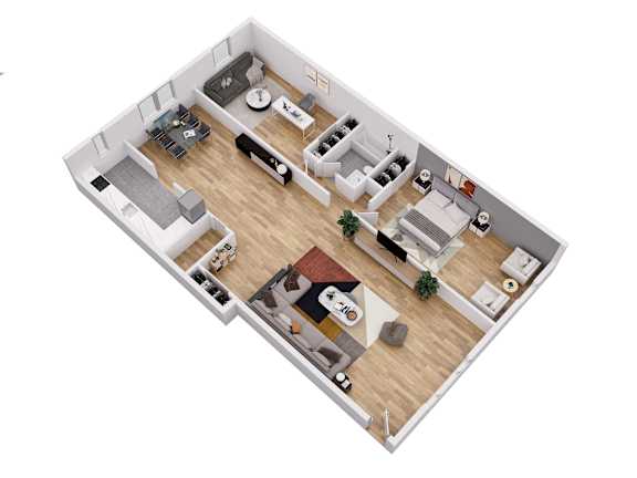 Floor Plan  A top-down view of a two-story apartment with a living room, kitchen, and bedrooms.