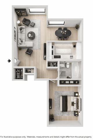 Floor Plan  A floor plan of a two-story apartment with a living room, kitchen, and bathroom on the first floor, and a bedroom on the second floor.