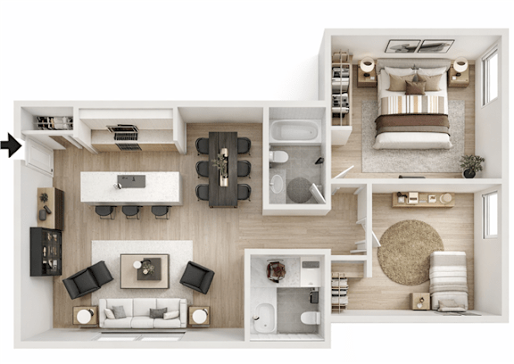 Floor Plan  A top-down view of a modern, minimalist living space with a kitchen, dining area, and bedroom.