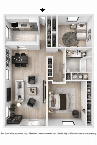 Floor Plan  A floor plan of a two-bedroom apartment with a living room, kitchen, and bathroom.