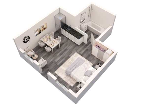 Floor Plan  an overhead view of a bedroom with a bed and a desk