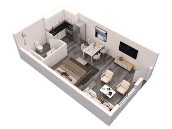 Floor Plan  an overhead view of a bedroom with a bathroom and a living room