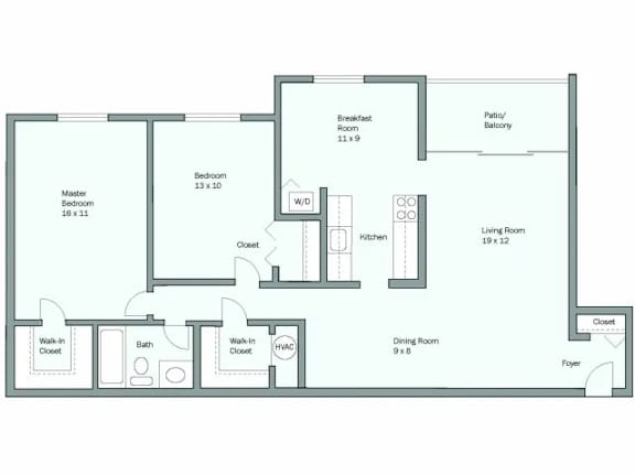 Floor Plan  A floor plan of a house with a living room, dining room, kitchen, two bathrooms, two bedrooms, a breakfast room, and a patio.