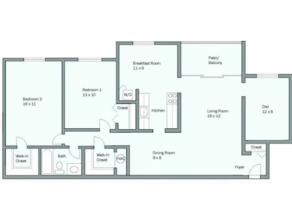 Floor Plan  A floor plan of a house with a living room, two bedrooms, a bathroom, a breakfast room, a pantry, a den, a foyer, and a kitchen.