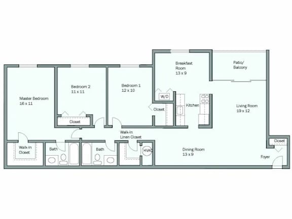 Floor Plan  A floor plan of a house with a living room, two bedrooms, a bathroom, a kitchen, and a foyer.