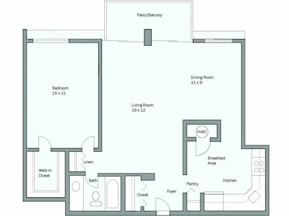 Floor Plan  A floor plan of a house with a living room, dining room, kitchen, and bedrooms.