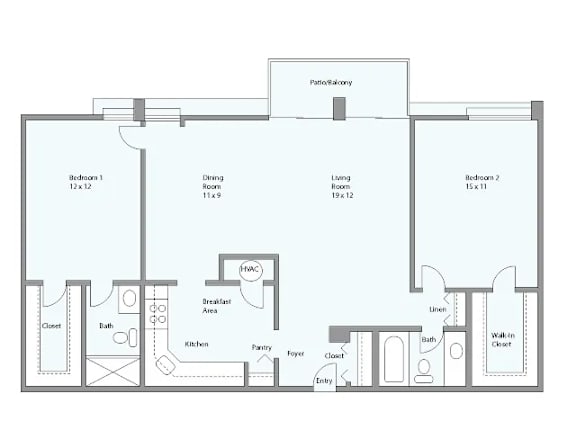 Floor Plan  A floor plan of a house with a breakfast area, kitchen, two bathrooms, two bedrooms, a living room, and a pantry.