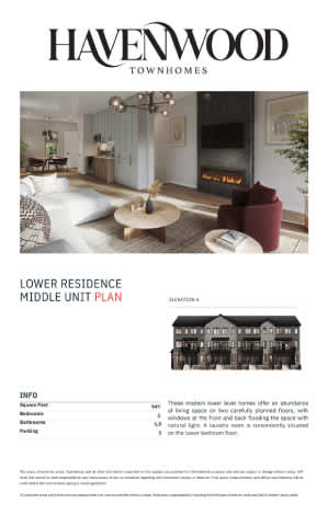 Floor Plan  A brochure for Havenwood Townhomes showcasing a lower residence middle unit plan.