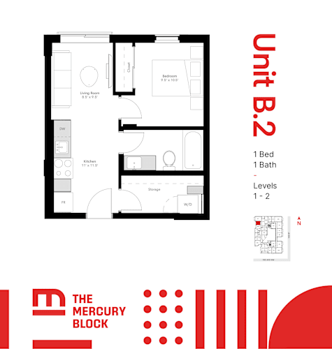 Floor Plan  A black and white image of a floor plan for a unit with the title "Unit B.2" in red.