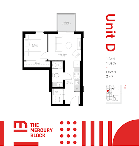 Floor Plan  A black and white diagram of a unit D shows a bedroom, bathroom, living room, and kitchen.