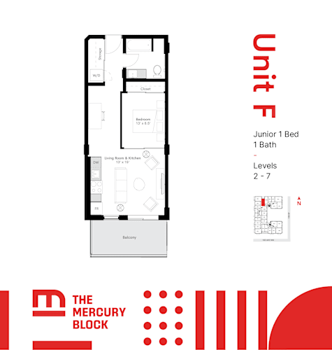 Floor Plan  A diagram of a floor plan for a unit with a Junior 1 Bed and 1 Bath.