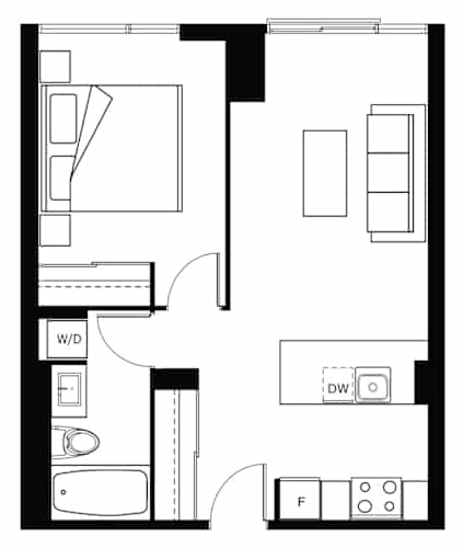 Floor Plan  A floor plan of a house with a kitchen, living room, and bathroom.