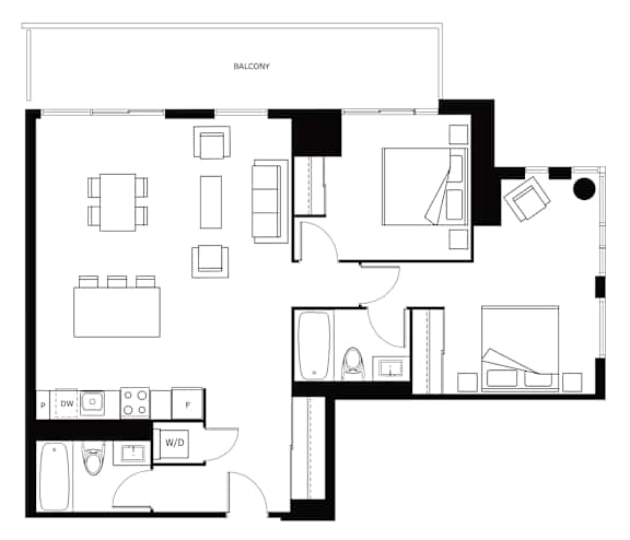 Floor Plan  A black and white floor plan of a balcony with labeled rooms.
