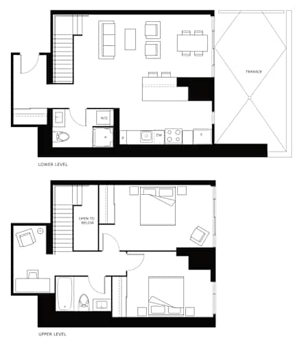 Floor Plan  A black and white image of a floor plan for a two-level home.