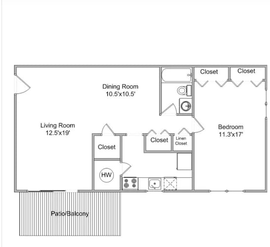Floor Plan  A floor plan of a small apartment with a living room, dining room, bedroom, and bathroom.