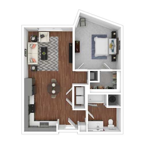 Floor Plan  A top-down view of a house layout with a kitchen, living room, and bedrooms.