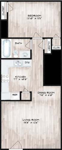 Floor Plan  A floor plan of a small apartment with a bedroom, living room, kitchen, dining room, and bathroom.