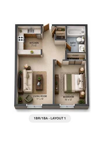 Floor Plan  A 1BR/1BA apartment layout includes a living room, bedroom, and kitchen.