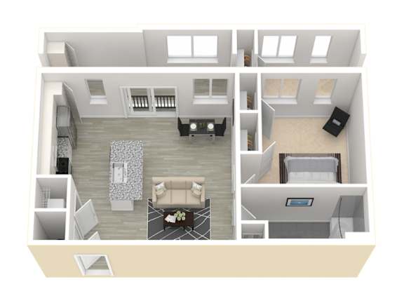 Floor Plan  A 3D floor plan of a house showing a living room, kitchen, and two bedrooms.