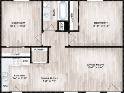 Floor Plan  A floor plan of a house with two bedrooms, a living room, a dining room, a kitchen, a pantry, and a laundry room.