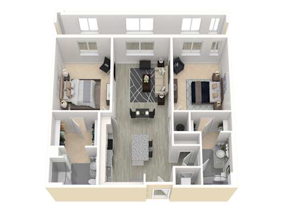 Floor Plan  A 3D floor plan of a house showing a kitchen, living room, dining room, and two bedrooms.