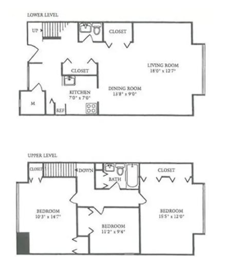 Floor Plan  A floor plan shows a lower level with a living room, dining room, kitchen, and closet, and an upper level with a bedroom, bathroom, and closet.