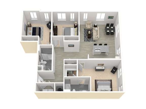 Floor Plan  A top-down view of a house layout with multiple rooms and furniture.