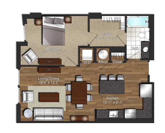 Floor Plan  a floor plan of a bedroom house with a living room and a kitchen
