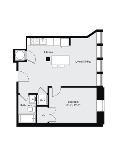 Floor Plan  a floor plan of a studio apartment with a bedroom and a living room