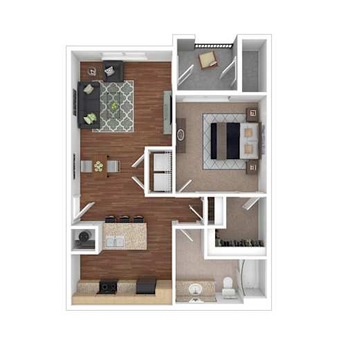 Floor Plan  A floor plan of a small apartment with a kitchen, living room, and bathroom.